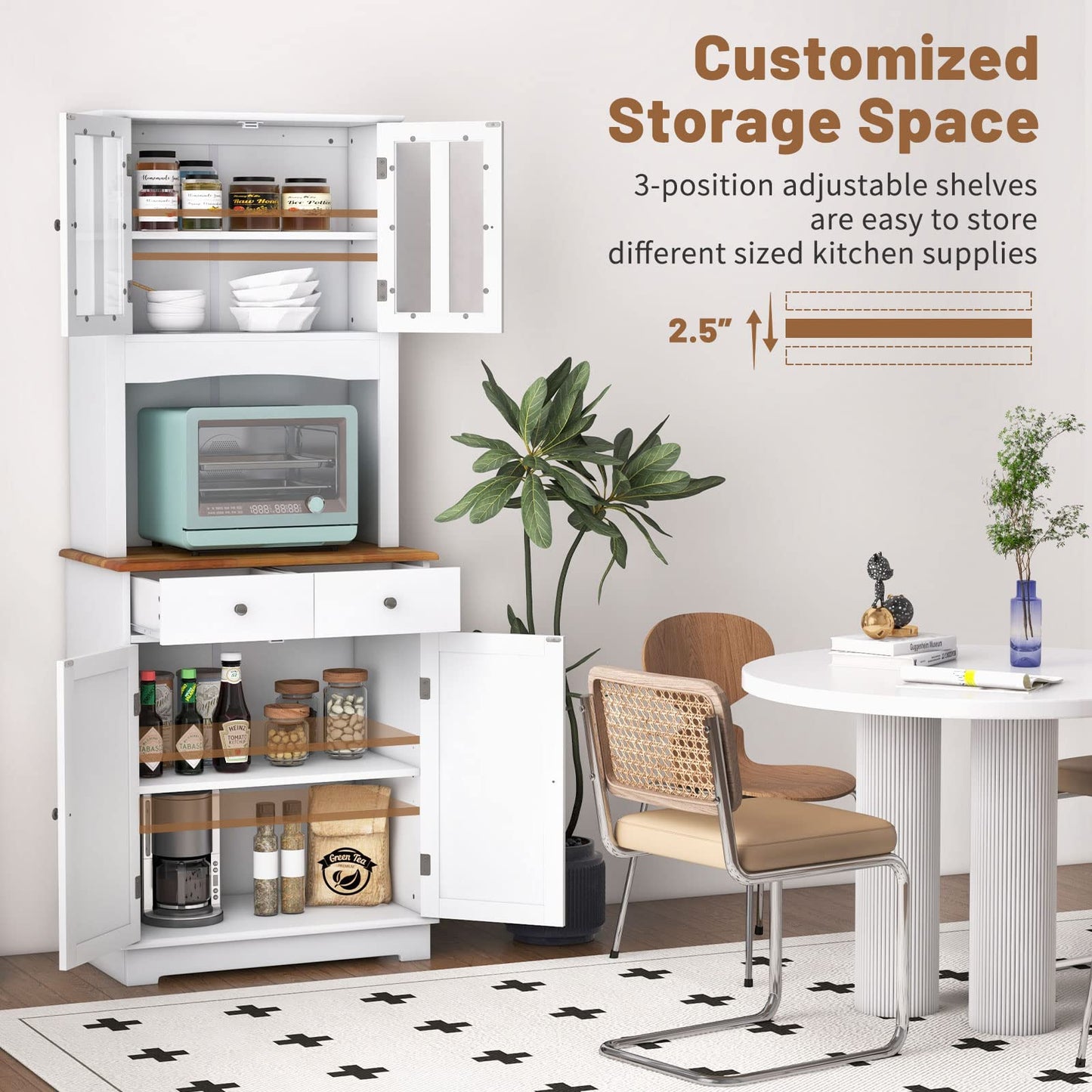 PETSITE Kitchen Pantry Storage Cabinet, 67" Freestanding Microwave Cupboard with Tempered Glass Cabinet, Adjustable Shelves, 2 Drawers, Buffet with Hutch for Living Room, Dining Room, White - WoodArtSupply