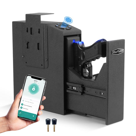 Mutak Gun Safe for Handgun, Slider Biometric Pistol Safe, 4 Ways Quick Access with APP/Fingerprint/PIN Code/KEY, Single Gun Safe for Nightstand Bedside Home,Wall, Dresser Mutak