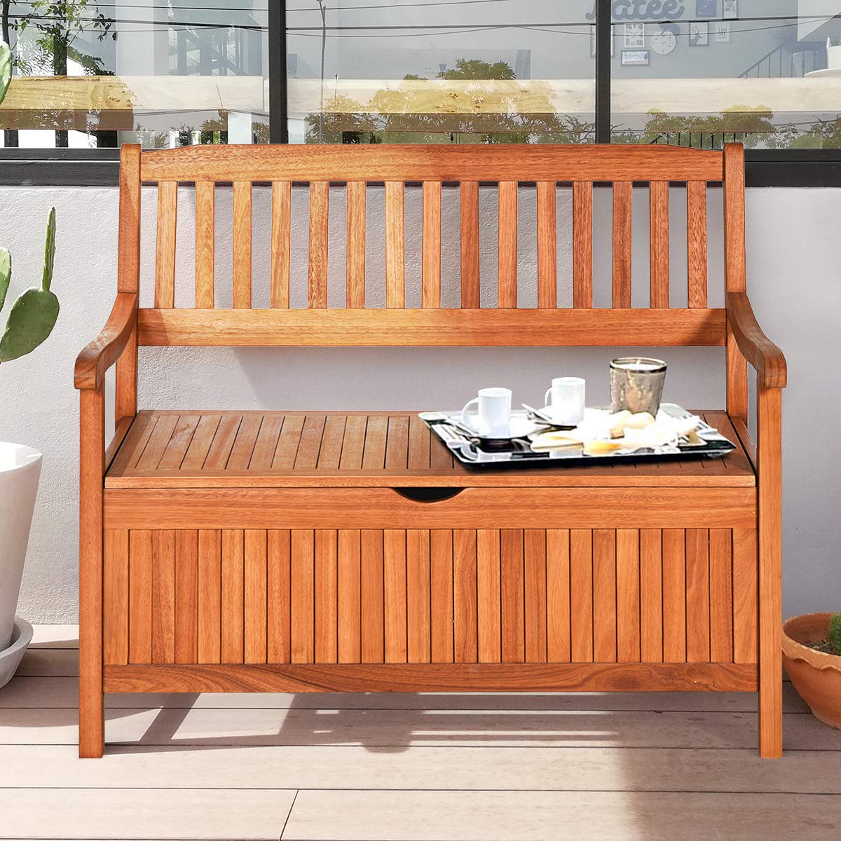 Toolsempire Outdoor Storage Bench, Wooden Bench with Storage, Removable Lining & Portable Handles, Patio Storage Bench Deck Bench for Outdoor, Garden, Balcony & Porch Toolsempire