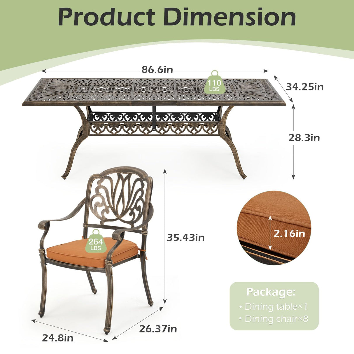 [Hi-End]Cast Aluminum Patio Furniture Set 9-Piece Outdoor Dining Set Includes 86.6’’ Rectangular Patio Table with Umbrella Hole and 8 Cushioned Dining Chairs,Rust-Free for Patio Deck Garden Pool RICHRYCE