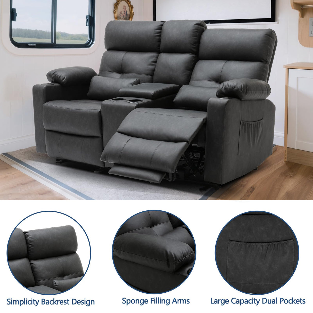 RIHEREFY 68'' RV Power Loveseat Sofa Recliner | Wall Hugger Loveseat | Double Reclining Sofa with Cup Holder | Recliner with Heat and Massage | Theater Seating(PU, Black-Gray) RIHEREFY