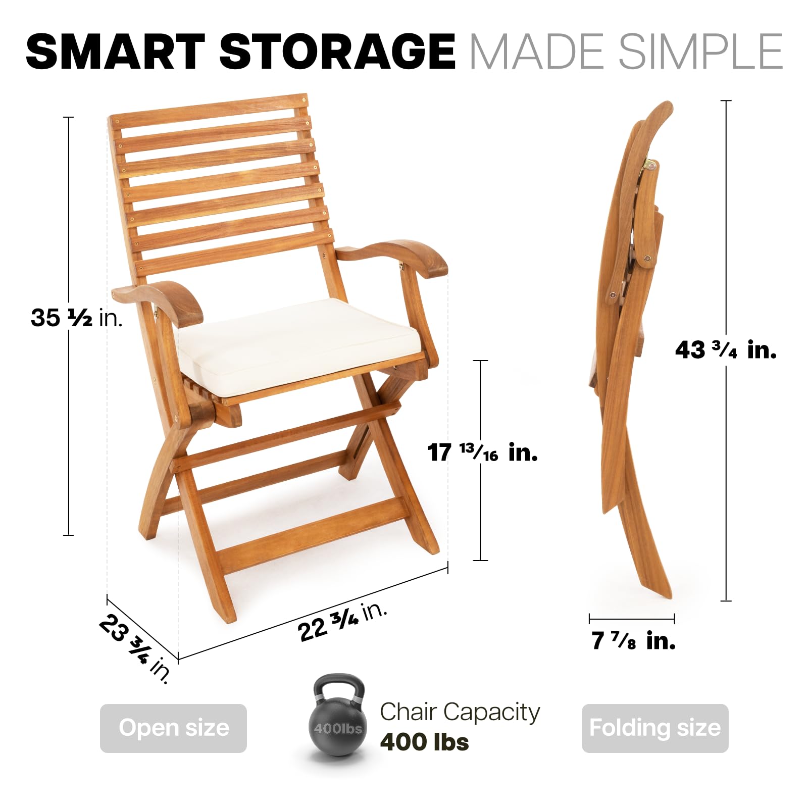 IDZO, Percy Chairs Heavy Duty 400lbs Capacity Set of 2 with Cushion, FSC Acacia Outdoor Furniture, Teak Finish, Fully Assembled, Wood Folding Beige - WoodArtSupply