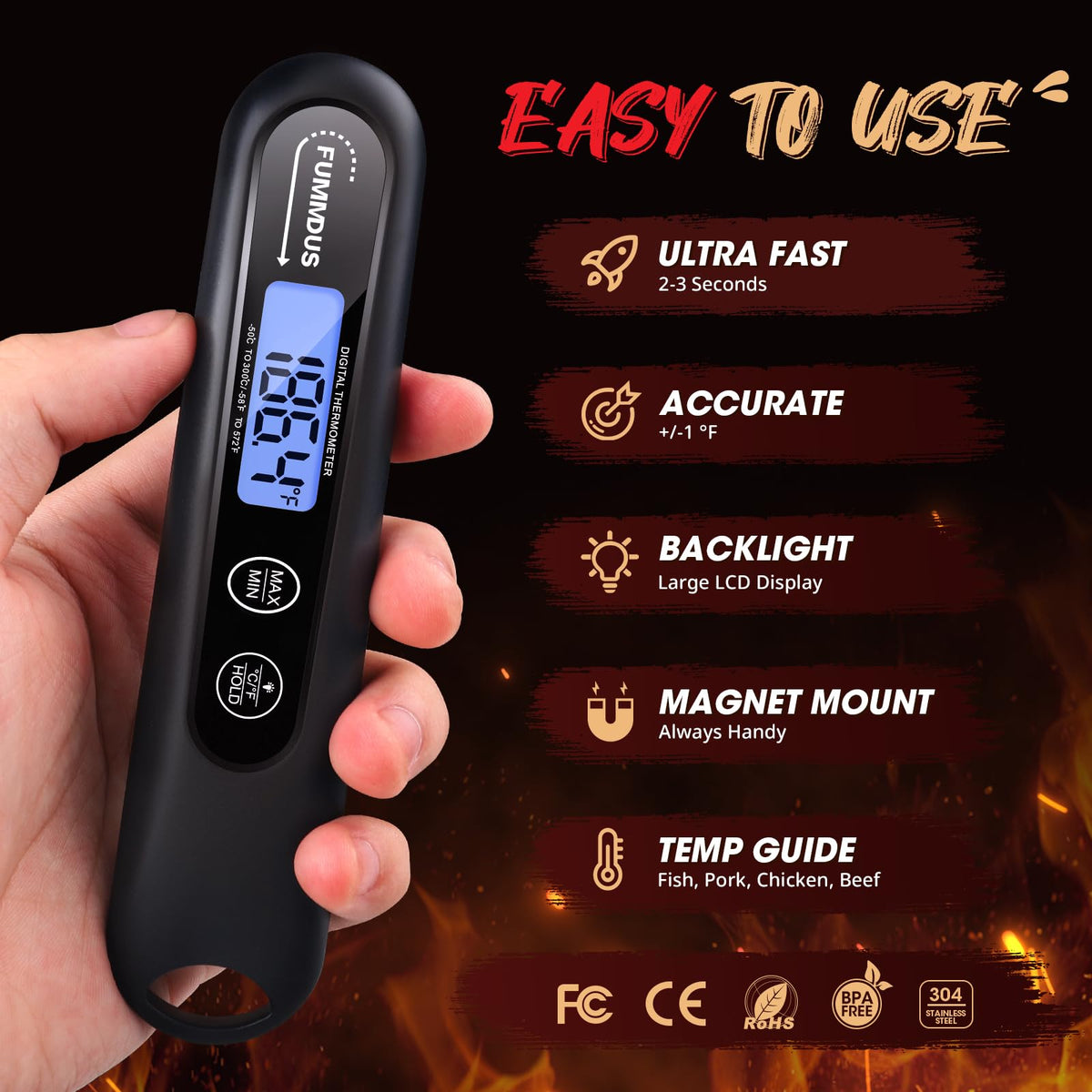 FUMMDUS Meat Thermometer Digital, 3S Instant Read Food Thermometer for Cooking with Backlight & Magnet, Foldable Temperature Probe Kitchen Gadgets Essentials for BBQ Oven Grill Smoker Candy FUMMDUS