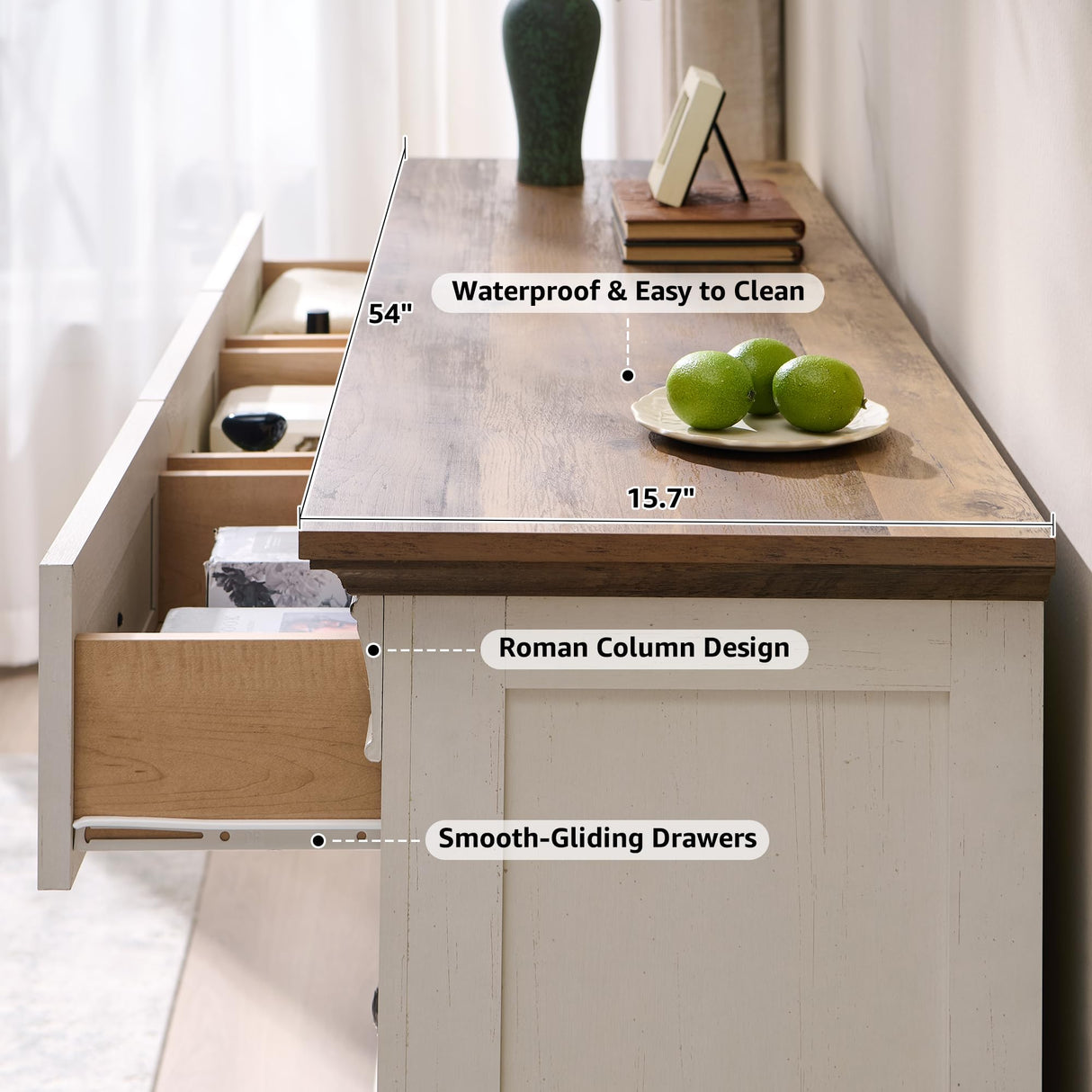 T4TREAM Farmhouse 7 Drawers Dresser for Bedroom, 54" Wide Wood Rustic Chest of Drawers w/Roman Column, Wooden Storage Dressers Organizer for Bedroom, Living Room, Closet, Antique White T4TREAM