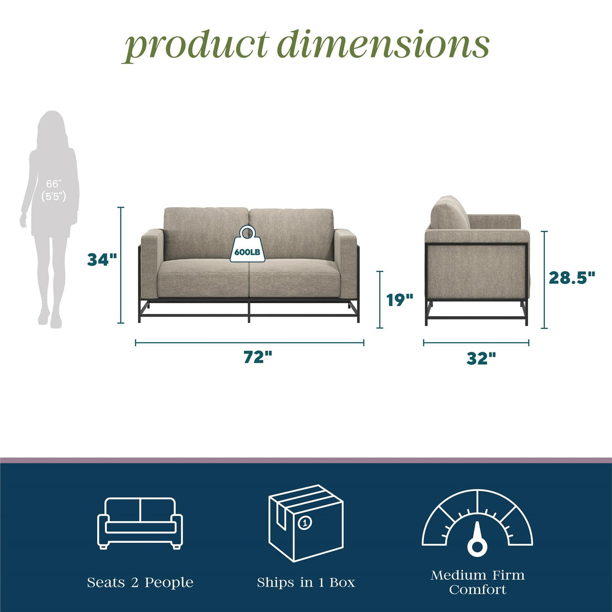 Novogratz Kelly Industrial Modern 72" Sofa with Metal Base, Beige Novogratz