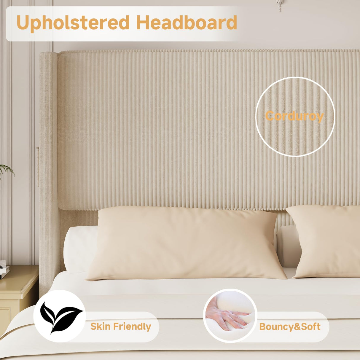 VINTLJUS King Size Bed Frame and Headboard, Upholstered King Bed Frame with Tall Wingback Headboard & Footboard, USB Ports, Easy Assembly, Beige VINTLJUS