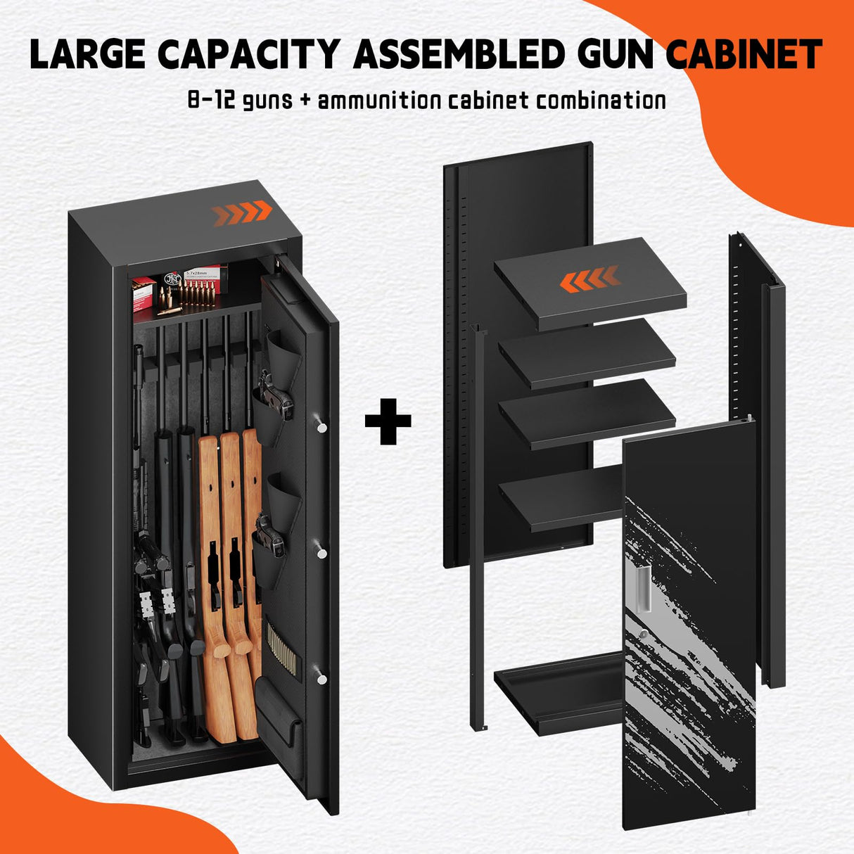 KAER [2025 New] 8-10 Rifle Gun Safe, Home Safes for Rifles and Pistols,Unassembled Large Gun Safes for Home and Shotgun with Detachable Gun Racks, 4 Pistol Pockets KAER