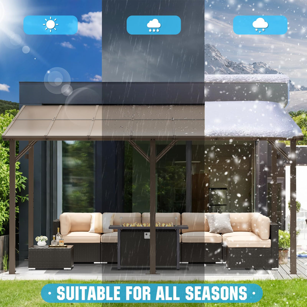 SUNCROWN 10'x14' Hardtop Gazebo, Wall-Mounted Gazebos Pergola, Outdoor Reclining Gazebos with Metal Frame, Lean to Gazebo Metal Awnings for Patio, Deck, Backyard, Porch, Lawns SUNCROWN