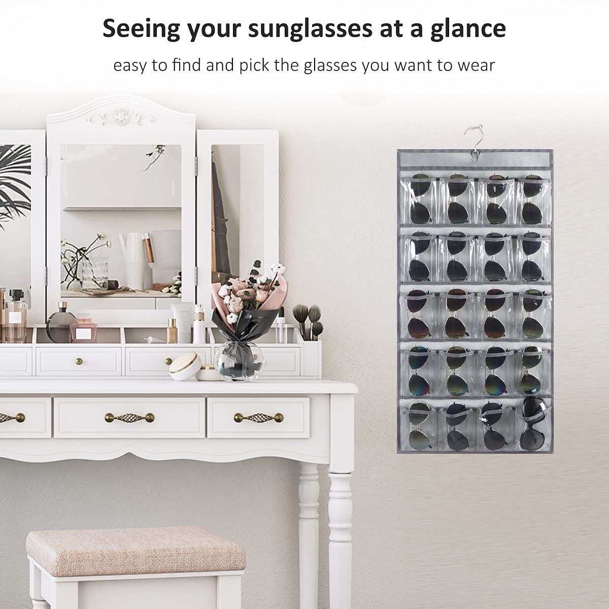ANZORG Dual Sided Hanging Sunglasses Organizer Storage Wall Mounted Eyeglasses Holder Eyewear Display Case with 40 Clear Slots (40 Pockets-Grey) ANZORG