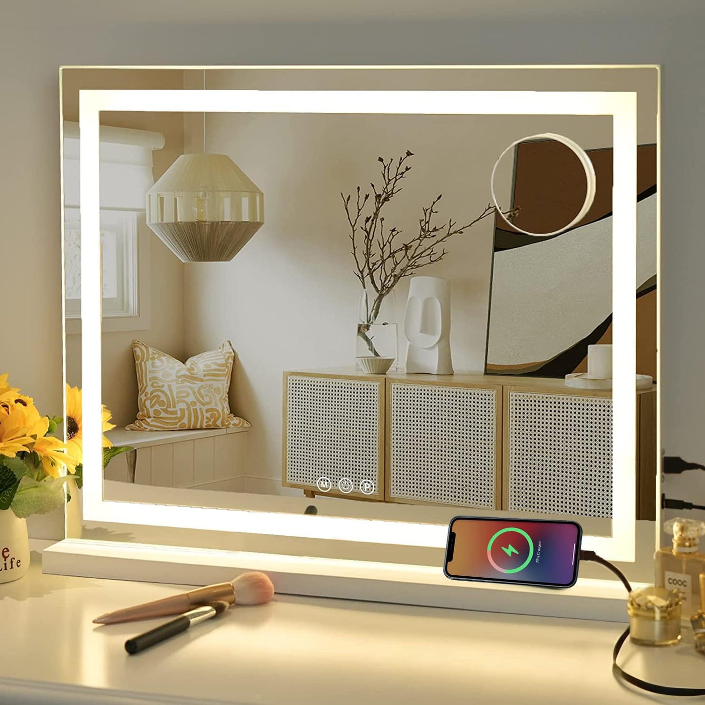 Sucedey Vanity Mirror with Lights, 23" x 18" Makeup Mirror, Hollywood Mirror with 3 Color Modes & Adjustable Brightness, Detachable 10x Magnification and USB Charging Design (White) - WoodArtSupply