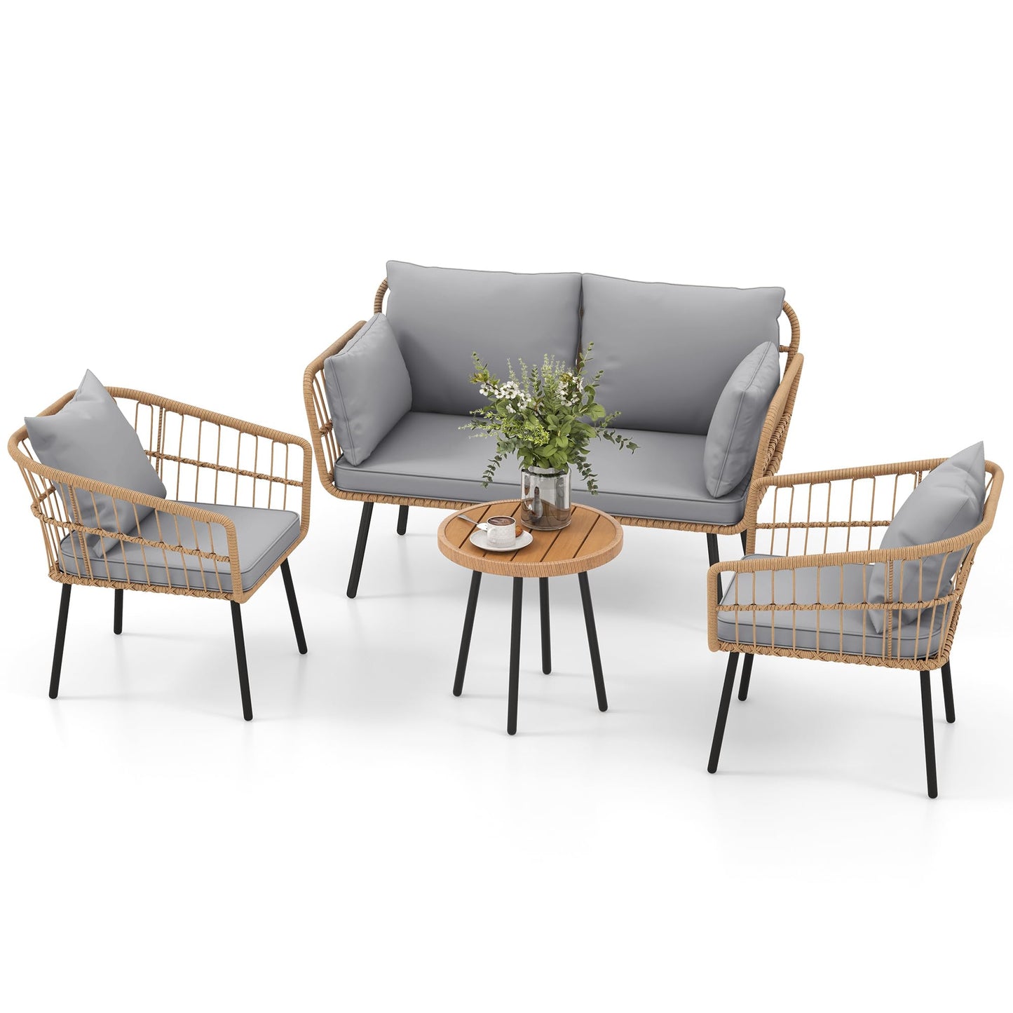 DWVO 4 Pieces Patio Furniture Set, Outdoor Wicker Bistro Set, All-Weather Rattan Conversation Set with Loveseat Chairs Table Soft Cushions for Backyard, Pool, Deck, Garden (Grey) - WoodArtSupply