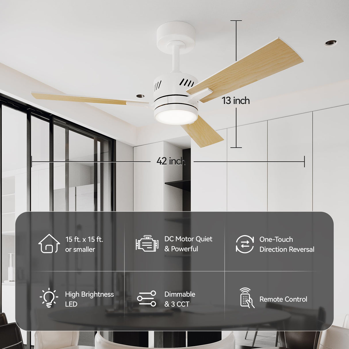 SUNMORY Ceiling Fans with Lights and Remote, 42 Inch Modern Ceiling Fan with Light, Reversible DC Motor, Dimmable LED, 3CCT, Quiet, Small Ceiling Fan for Bedroom/Living Room/Patios, White SUNMORY