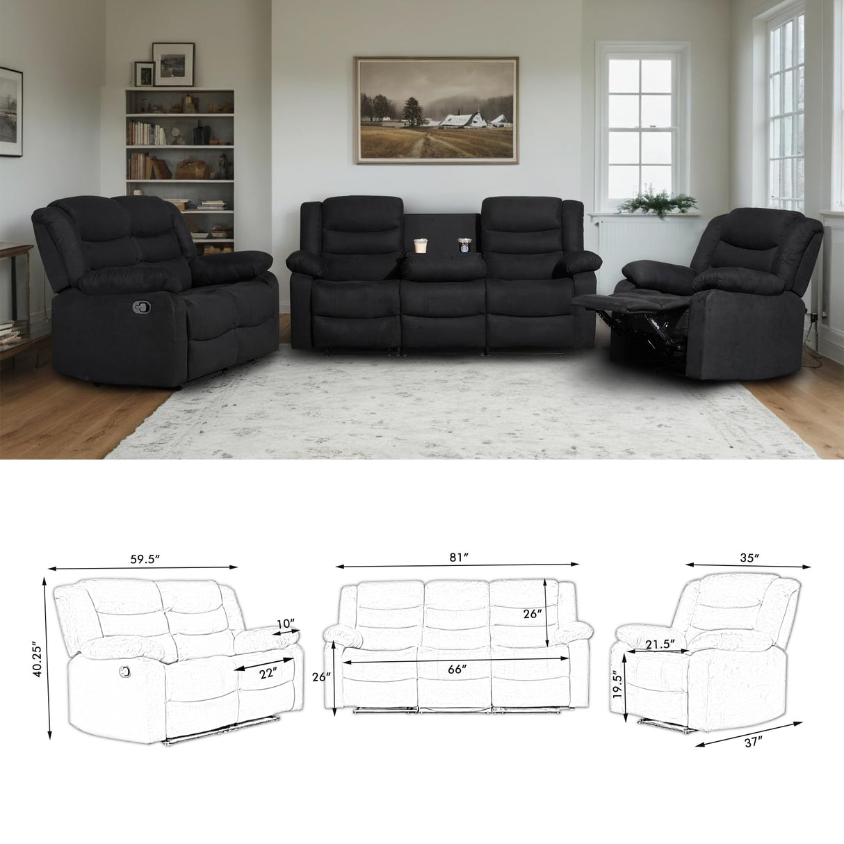 Recliner Sofa Set, Microfiber Manual Reclining Couch Set, 3 Piece Recliner Set with Loveseat, Dropdown Table& Cup Holders, Living Room/Office/Theater Seating (Black) UR livingroom