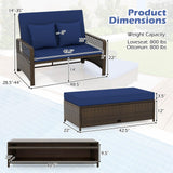 Tangkula Patio Adjustable Wicker Daybed, Rattan Loveseat & Storage Ottoman w/ 4-Level Backrest & Soft Cushions, Space-Saving 2-Person Sun Lounger for Backyard, Porch (Navy) Tangkula