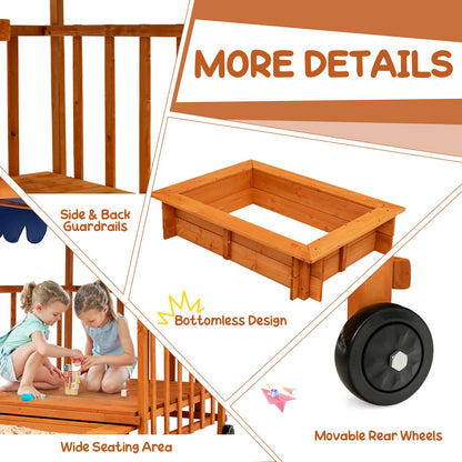 Costzon Kids Retractable Sandbox with Canopy, Wooden Cedar Cabana Playhouse with Large Play Area, Rear Wheels, Guardrails, Children Outdoor Playset Sandpit for Backyard, Home, Lawn, Garden, Beach