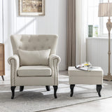 Janoray Mid Century Modern Accent Chair Upholstered Armchair Comfy Linen Fabric Tufted Wingback Single Sofa with Ottoman for Bedroom Living Room, Beige Janoray