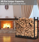 Khordin 4ft Firewood Rack Adjustable Heavy Duty Fire Wood Stand Holder for Outdoor Indoor Fireplace Log Storage, Metal Lumber Stacker Organizer, Black Khordin