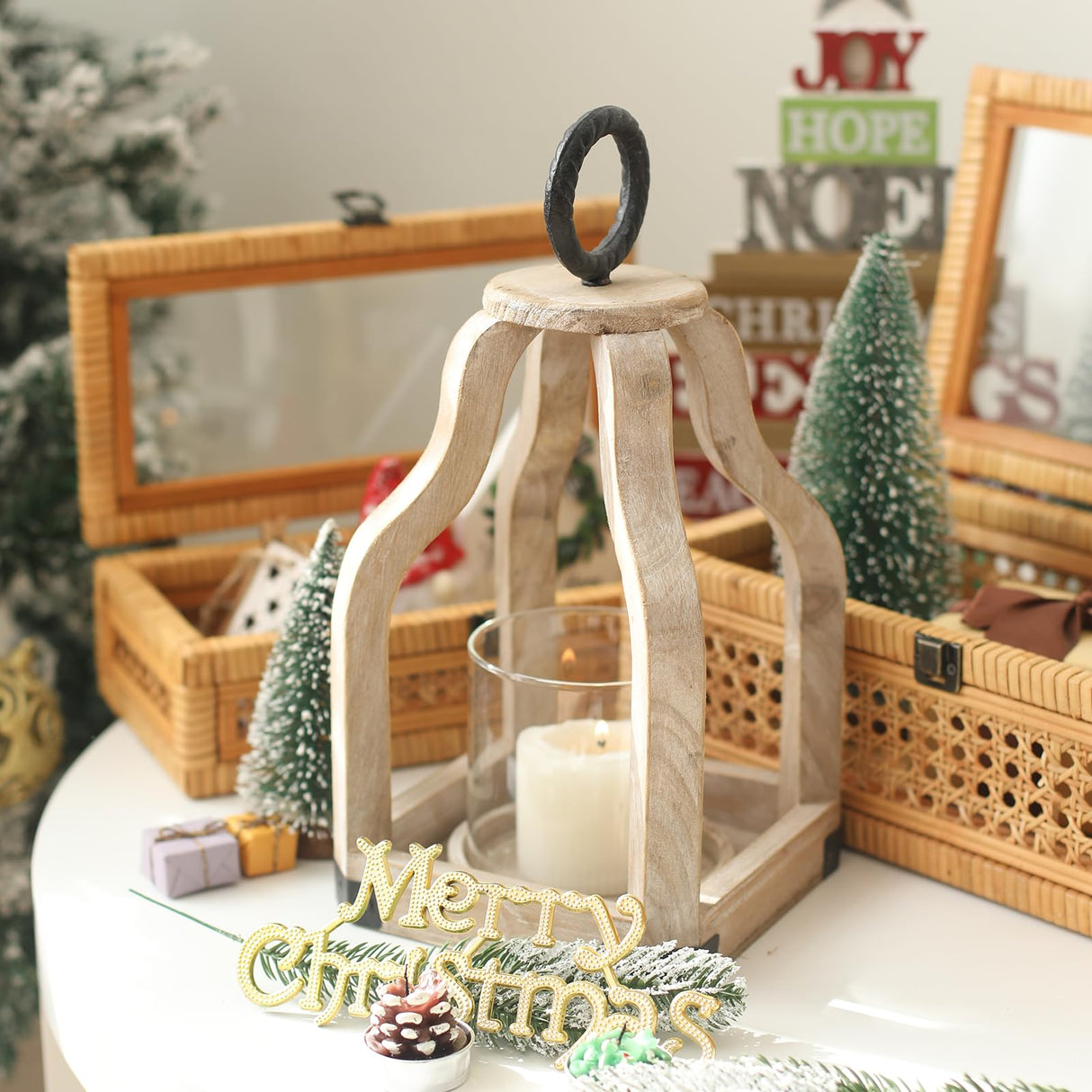 SWALLOWLIVING 13" Rustic Farmhouse Wood Candle Hurricane Lantern with Glass Candlestick Holder for Patio, Table Centerpiece, White Washed SwallowLiving