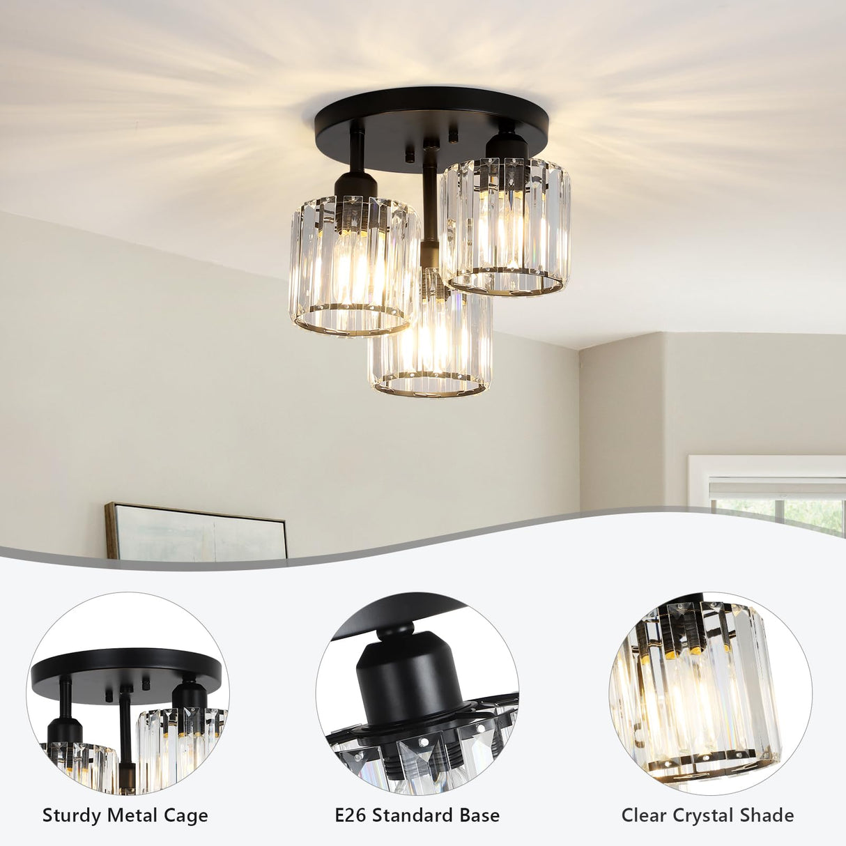 PAUFUL Crystal Semi Flush Mount Ceiling Light,3-Light Modern Close to Ceiling Light Fixtures,Black Kitchen Light Fixtures with Clear Crystal Shade,Hallway Light Fixtures for Hallway Bedroom Bathroom PAUFUL