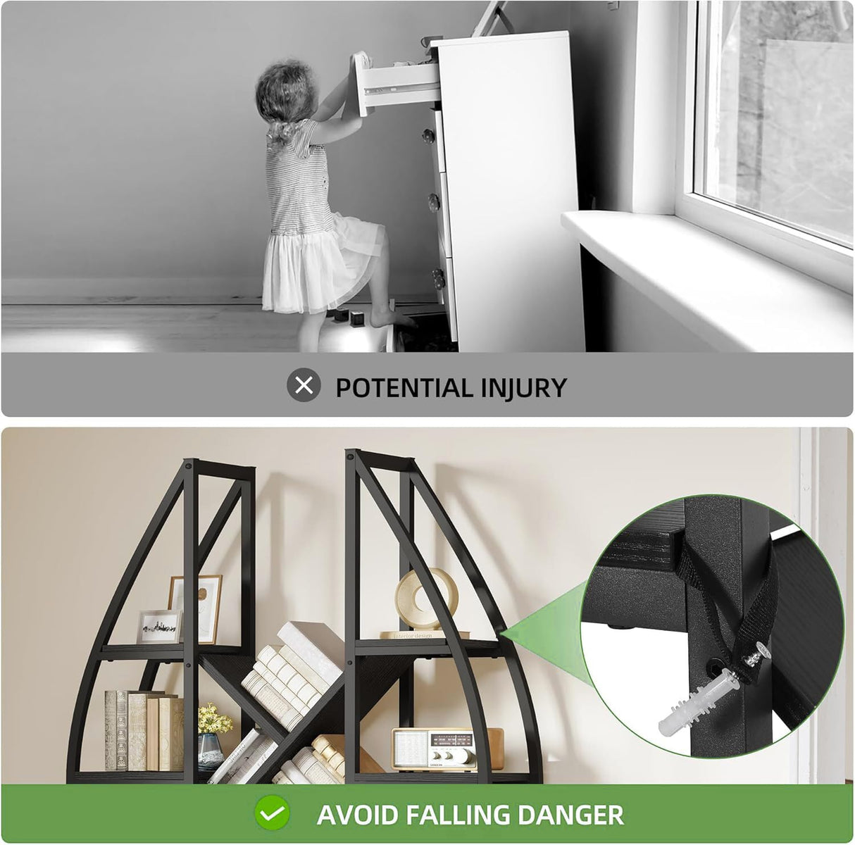 GOOBED Oval Bookshelf, Triple Wide 5 Tier Etagere Bookcase, Industrial Display Shelves Tree Bookshelf for Living Room, Bedroom, Home Office, Black GOOBED