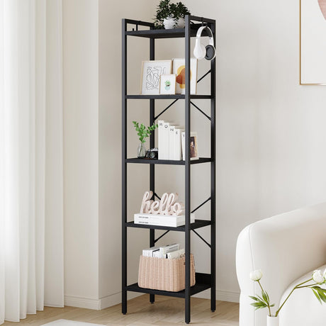 Hzuaneri Bookshelf, Book Shelf, Industrial Bookcase with 2 Hooks, Coner Shelf Storage Organizer for Home Office, Living Room, Bedroom, Kitchen, 5-Tier Black BC10504B Hzuaneri