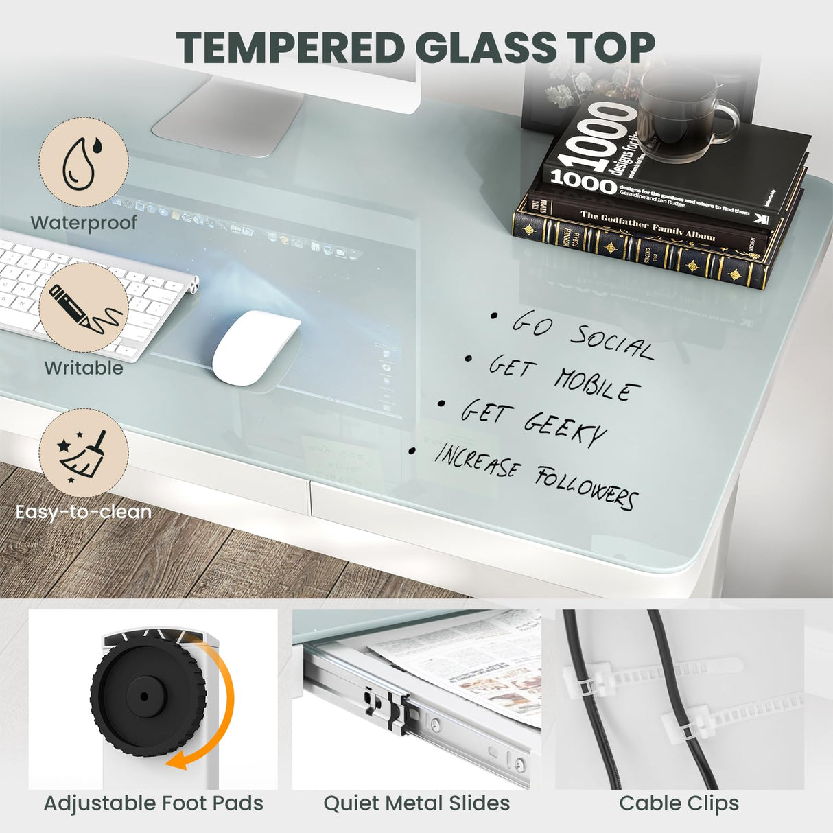 Giantex Glass Standing Desk with Drawer, 48" x 24" Height Adjustable Electric Stand Up Desk with Tempered Glass Top, 2 Memory Positions & USB Type-C Outlets, Sit Stand Desk for Home Office, White Giantex
