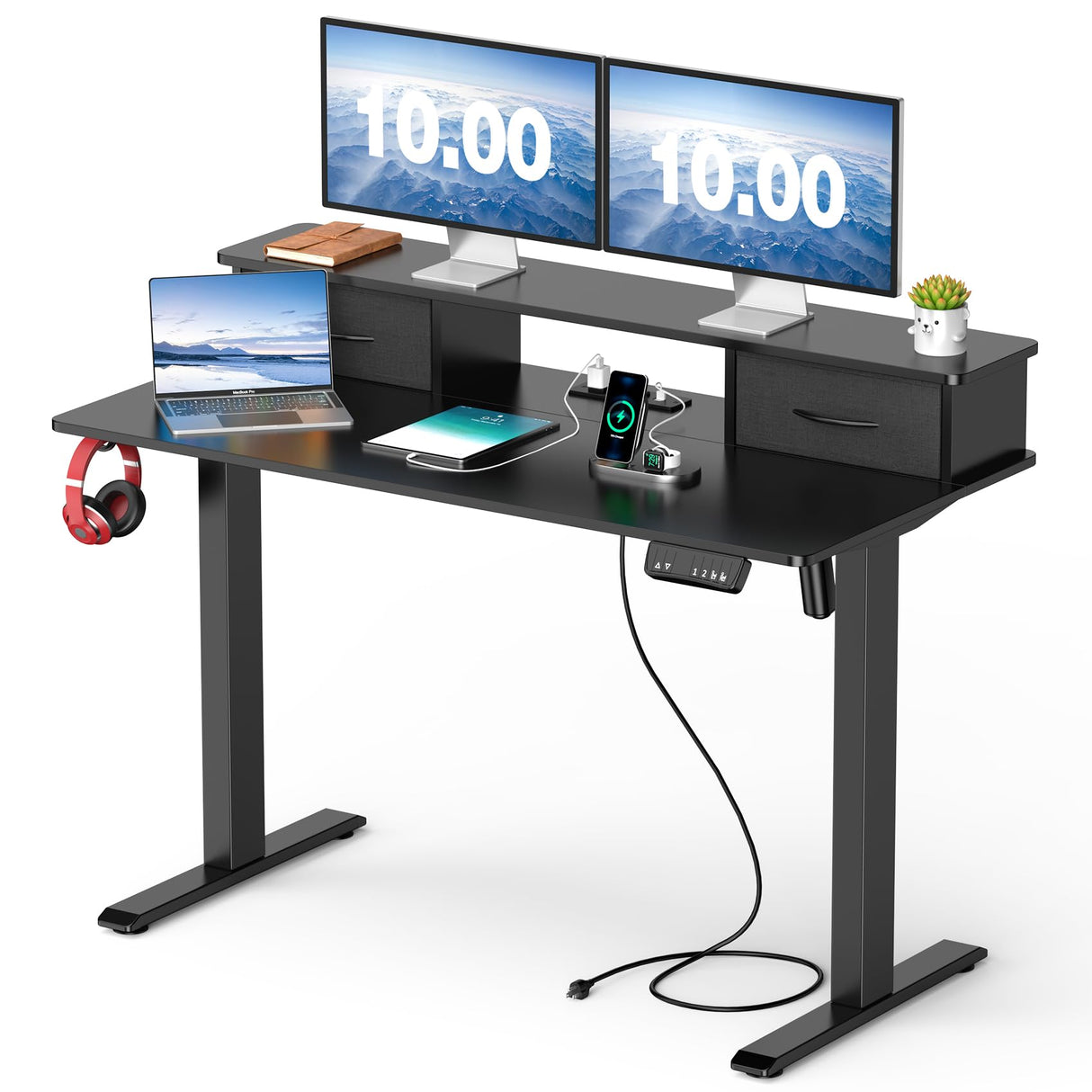 Mr IRONSTONE Standing Desk, 47 x 24 Inches Electric Height Adjustable Desk with 3 AC Outlets & 2 USB Ports, Stand Up Desk with 2 Drawers and Large Monitor Stand, Black Mr IRONSTONE