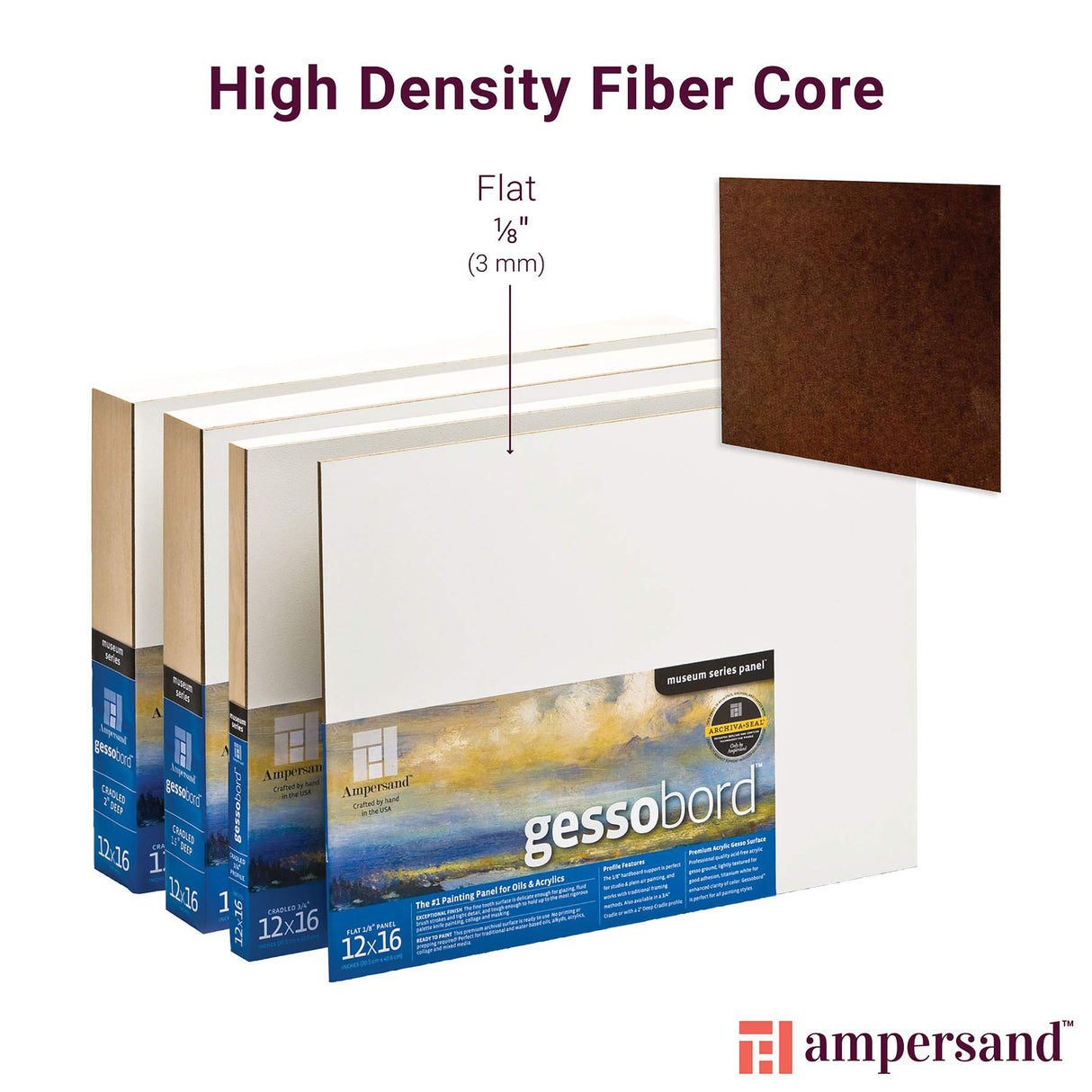 Ampersand Art Supply Gesso Wood Painting Panel: Museum Series Gessobord, 11" x 14", 1/8" Flat Profile Ampersand Art Supply