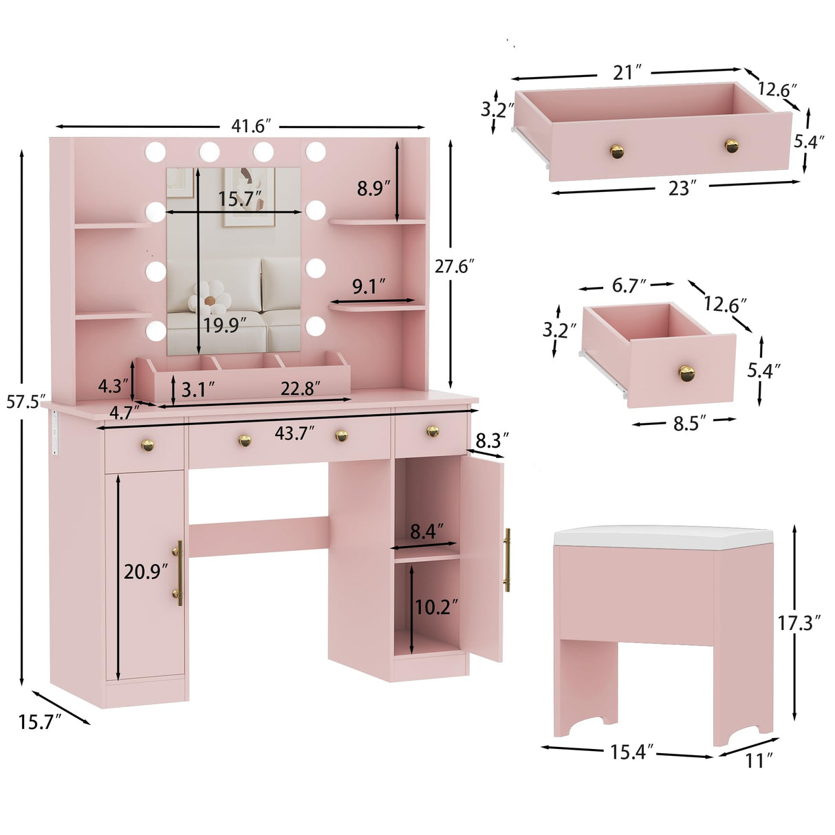 HUANLEGO Vanity Desk with Mirror and Lights,Pink Makeup Vanity with Charging Station & Vanity Stool, 3 Drawers and Cabinets White Vanity Mirror with RGB LED Lights Vanity Desk and Chair for Women HUANLEGO