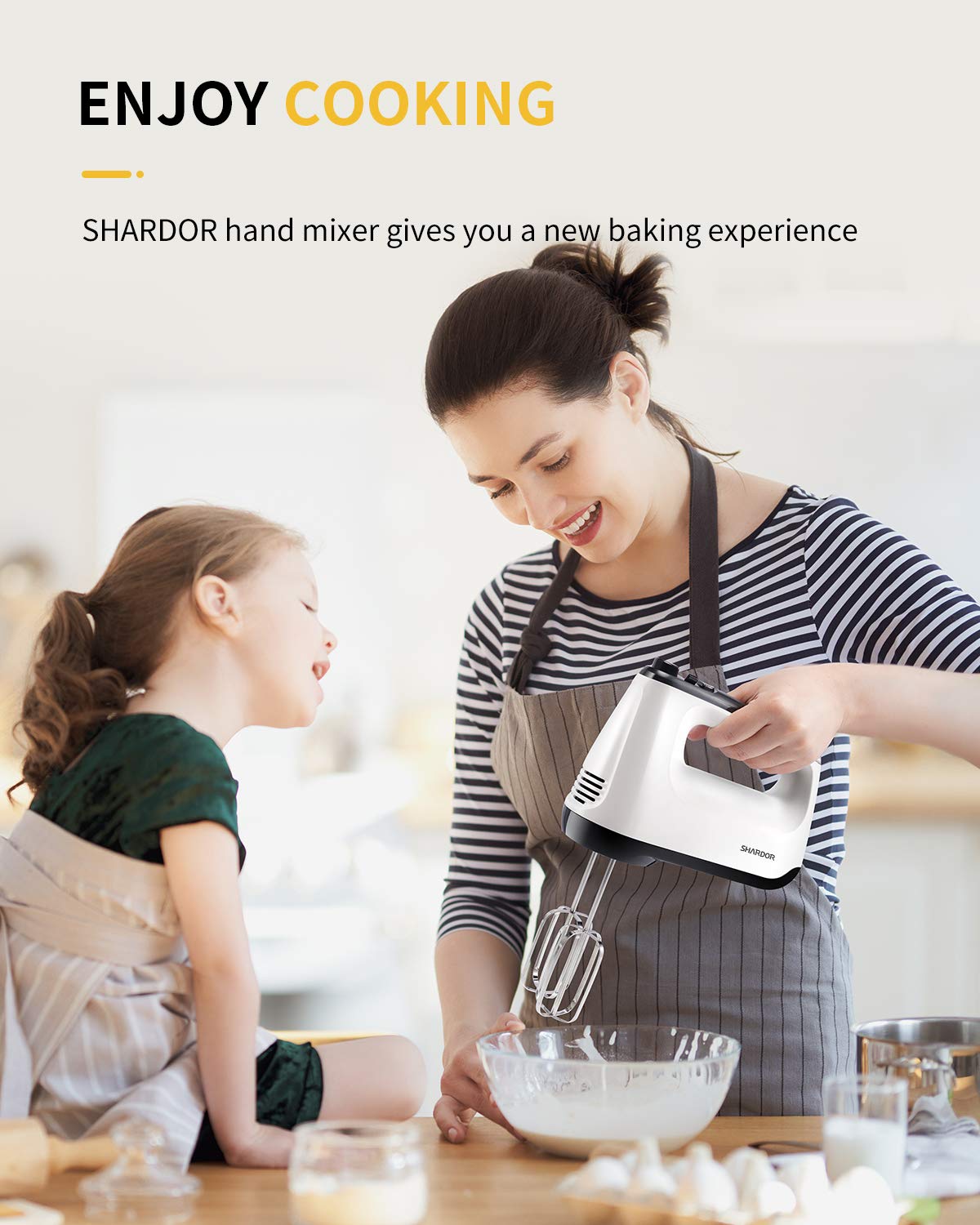 SHARDOR Hand Mixer Electric, 6 Speed & Turbo Mixer Electric Handheld, Snap-On Storage Case,5 Stainless Steel Accessories for Whipping, Mixing Cookies, Brownie, Cakes, Dough Batters, White SHARDOR