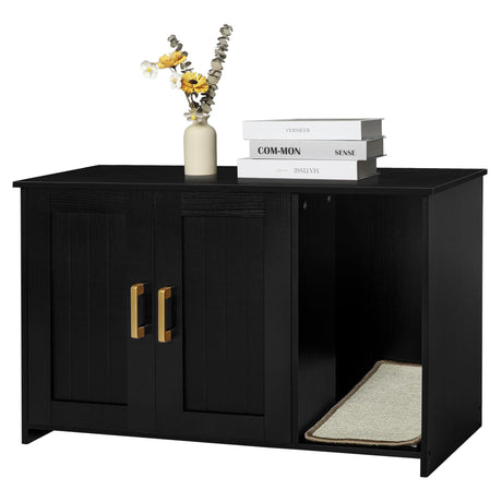 Dwanton Litter Box Enclosure, Cat Litter Box Furniture Hidden, with Scratching Mat, Wooden Cat Washroom Indoor, Fit Most of Litter Box, 31.5" L x 19.7" W x 21.7" H, Black Dwanton