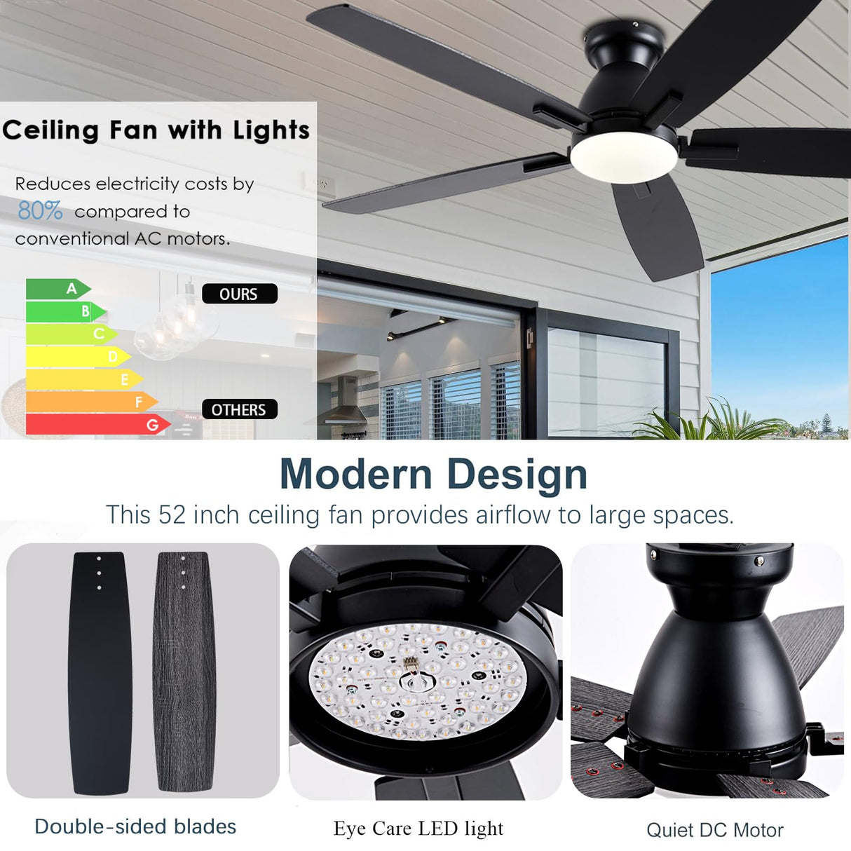 NKPU Ceiling Fans with Lights, 52 Inch Low Profile Ceiling Fan with Light and Remote Control, Flush Mount, DC Reversible Motor, Dimmable LED Black Ceiling Fans for Bedroom,Indoor/Outdoor Patio Use NKPU