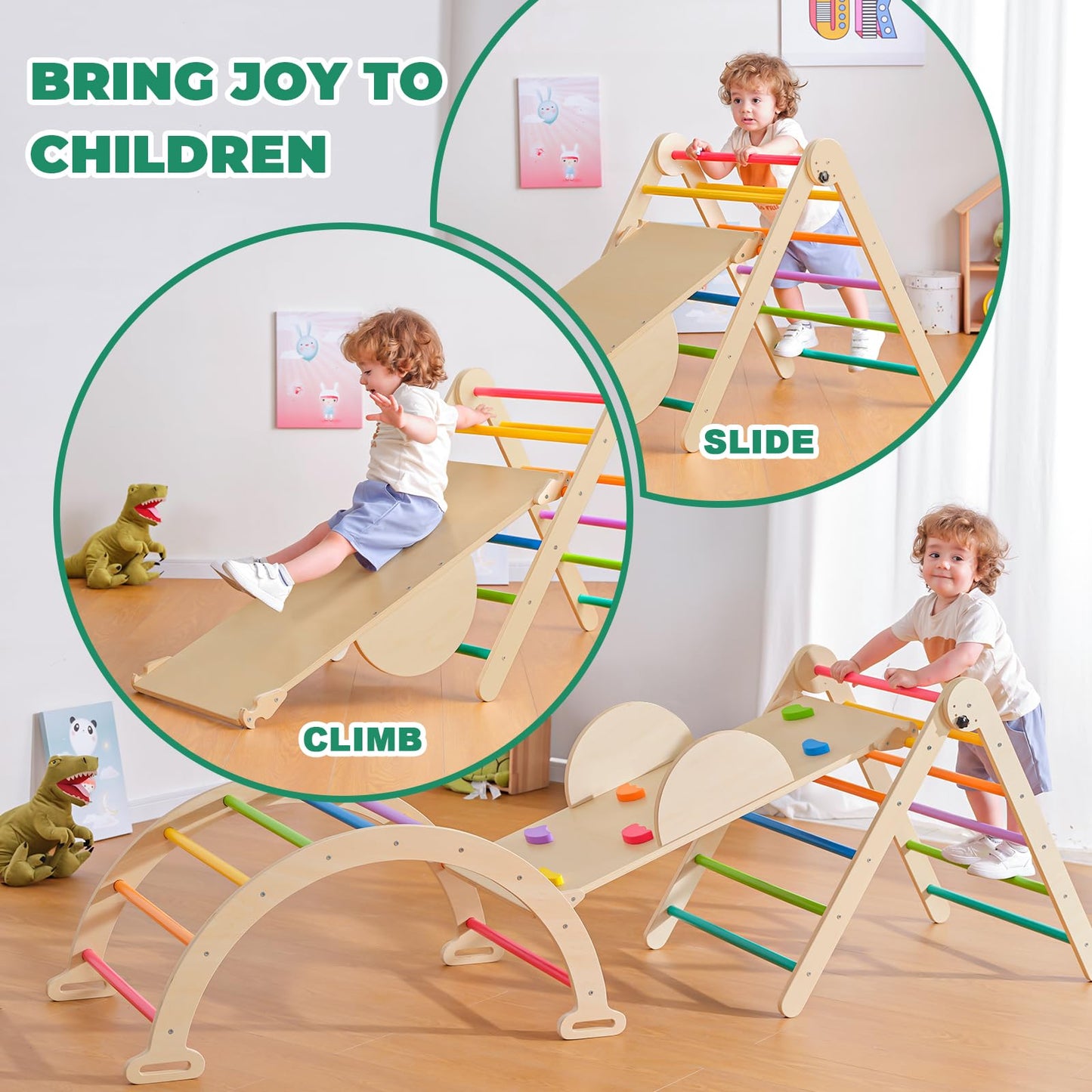 7-in-1 Rainbow Pikler Triangle Set, Montessori Foldable Large Size Baby Climbing Toys Indoor Gym for Toddlers 1-3 Wooden Climbing Set, Adjustable Height Pikler Triangle, Kids Toys with Ramp Sliding