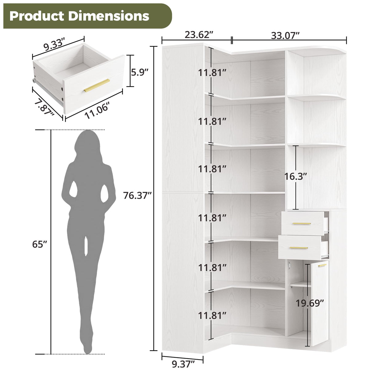 IRONCK Corner Bookshelf, 76" Tall Corner Bookshelves, 6 Tiers L-Shaped Bookcase with 10 Open Shelves and 2 Storage Drawers for Living Room or Home Office IRONCK