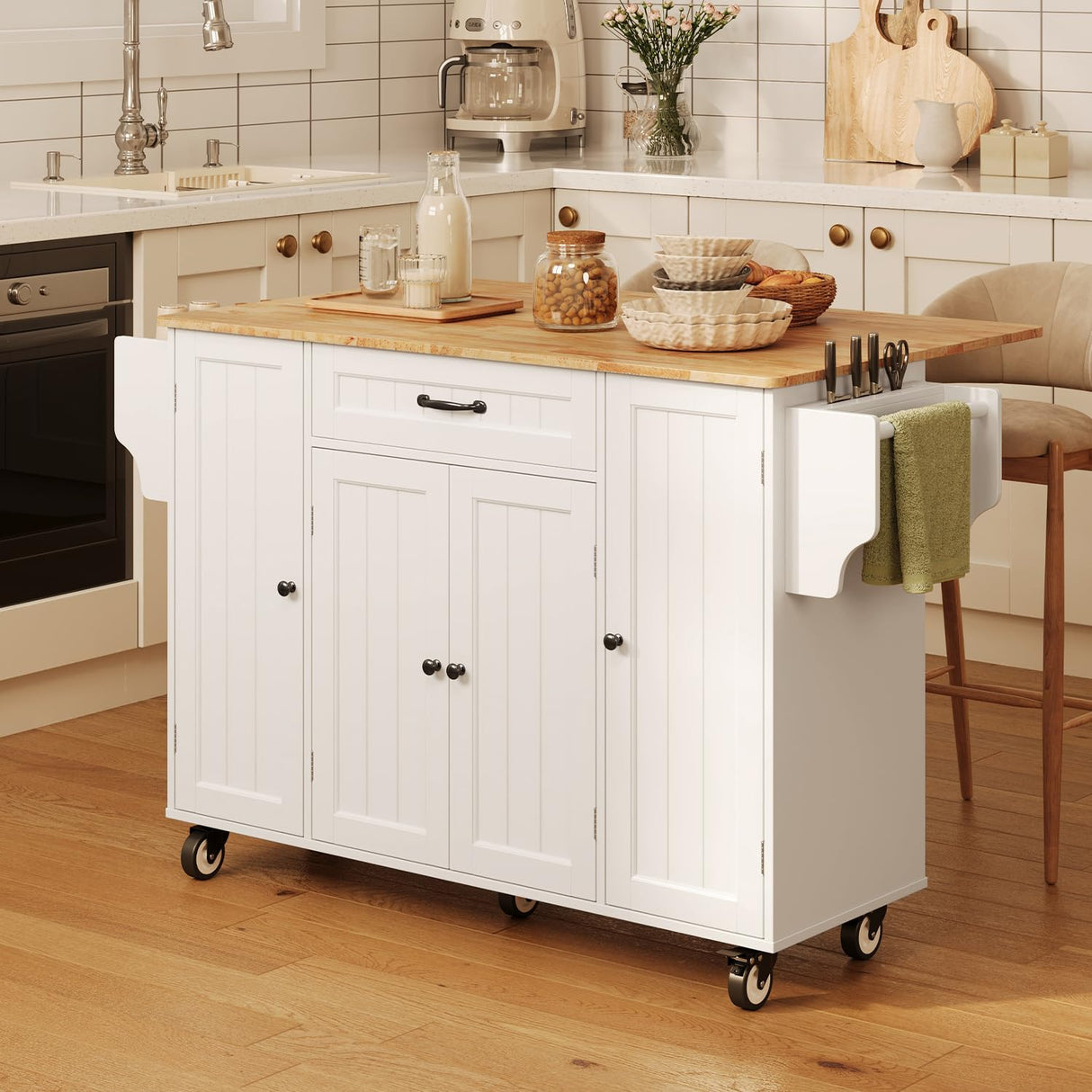 Ahomly Kitchen Island with Storage, 47.6" Rolling Kitchen Island on Wheels with Drop Leaf, Door Cabinet, Drawer, Spice Rack, Towel Rack and Knife Holder, Kitchen Cart Island Table for Kitchen, White Ahomly