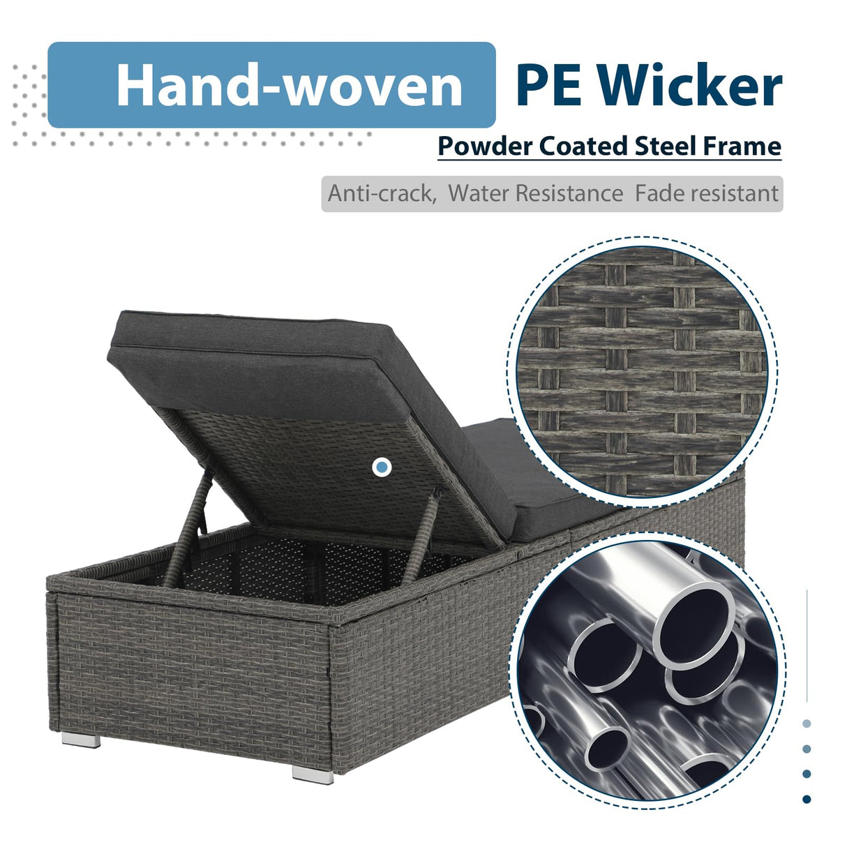 JOIVI Outdoor Patio Chaise Lounge Chairs Set of 2, PE Wicker Patio Pool Lounge Chairs Furniture Set of 2, Pool Lounger Gray Rattan Adjustable Backrest with Removable Dark Gray Cushion JOIVI