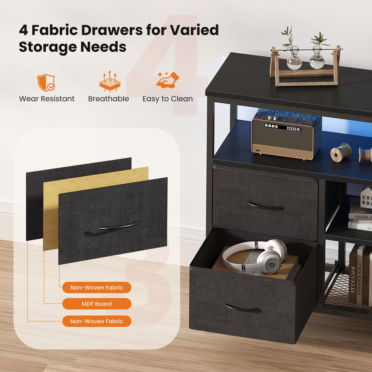 Sweetcrispy TV Stand Dresser for Bedroom 4 Drawers Entertainment Center with LED Lights and Power Outlets Media Console for 50 Inch TV Living Room Furniture with Open Shelf Adjustable Feet, Black Sweetcrispy