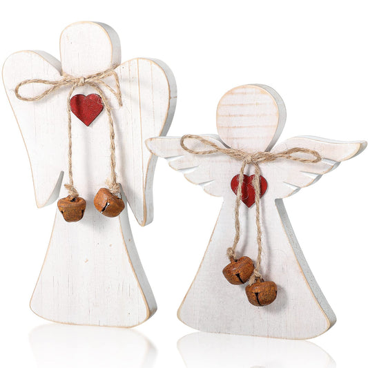 2 Pieces Wooden Angel Christmas Statues Christmas Wood Angel Figurines Rustic Angel Statue with Twine Table Farmhouse Christmas Decor Xmas Angel Memorial Gifts, 2 Styles