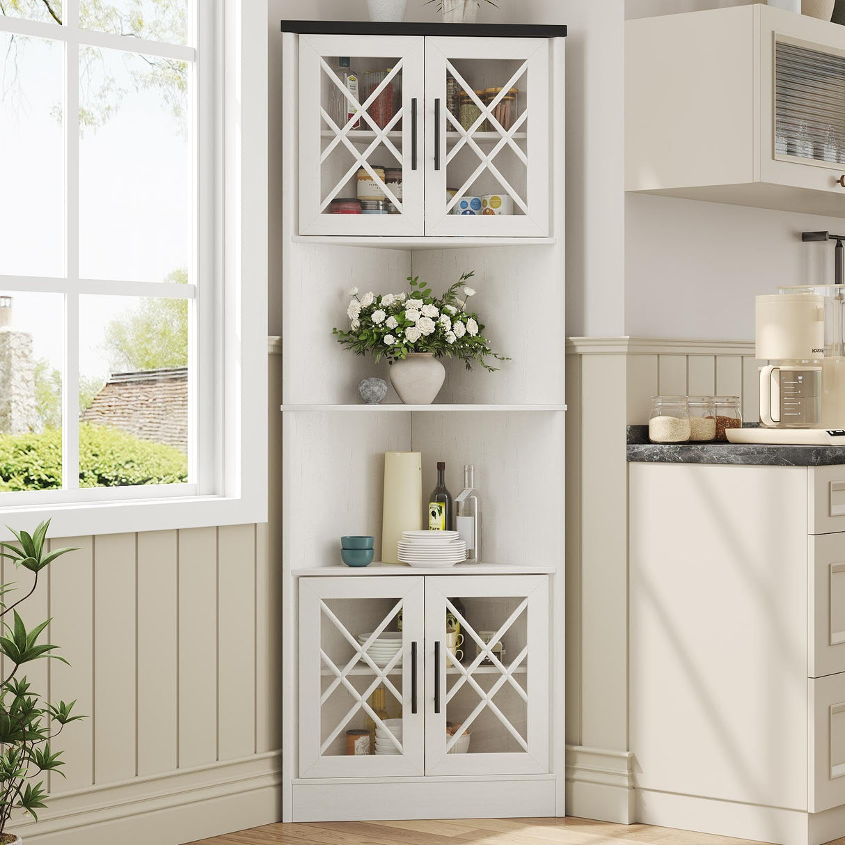 Maupvit White Corner Hutch with 4 Tempered Glass Doors, 67" Tall Farmhouse Corner Storage Cabinet, Kitchen Pantry Hutch with Adjustable Shelf, Home Space Saver for Laundry Room, Dining Living Room Maupvit