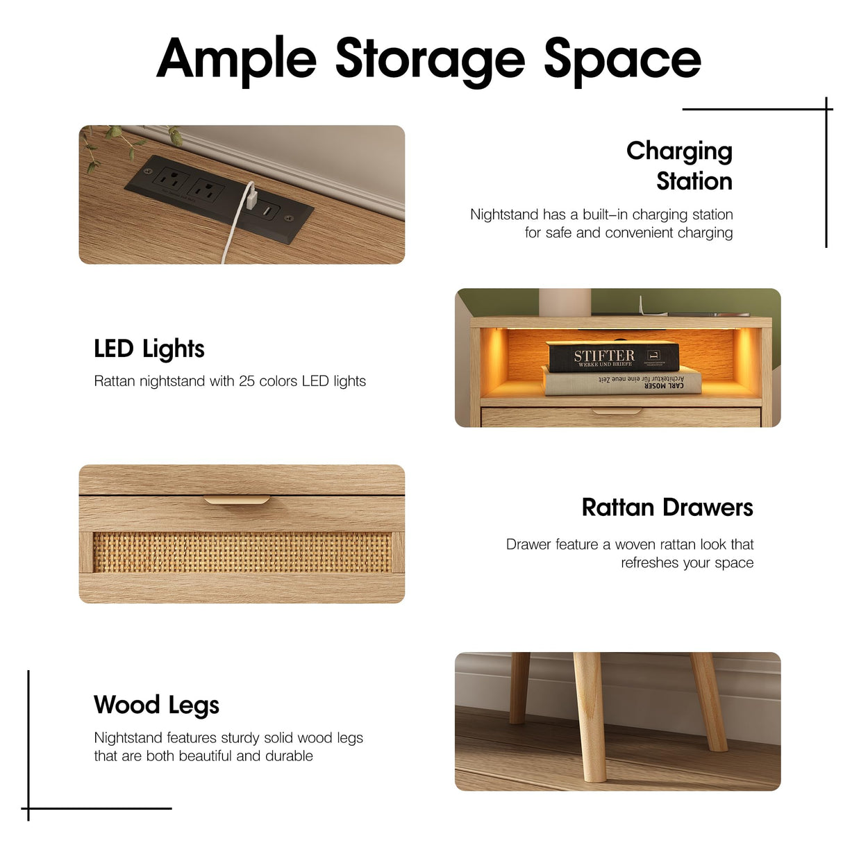 Halitaa Rattan Nightstands Set of 2 with Charging Station and Led Lights, End Tables with 2 Drawers and Wood Legs, Bedside Tables Night Stands for Bedrooms, Side Tables Living Room (2 Pack) Halitaa