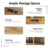 Halitaa Rattan Nightstands Set of 2 with Charging Station and Led Lights, End Tables with 2 Drawers and Wood Legs, Bedside Tables Night Stands for Bedrooms, Side Tables Living Room (2 Pack) Halitaa