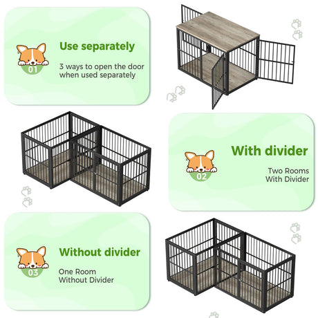Lyromix 43'' L-Shaped Corner Dog Crate Furniture Large Breed for 2 Dogs with Double Rooms,Wooden Dog Crate End Table Indoor with Removable Divider for Small to Medium Dogs, Can Use Separately Lyromix