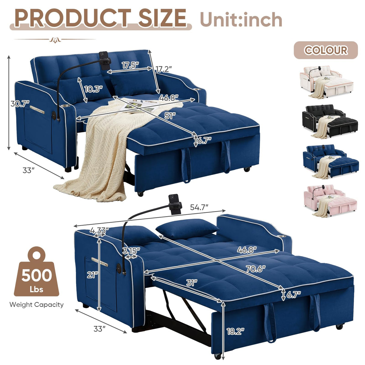 Sleeper Sofa Couch Bed with USB & Type C Port, Modern 3-in-1 Convertible Velvet Pull Out Loveseat Futon Sofa w/Phone Holder/Cup Holder for Living Room Apartment, Adjustable Backrest, Blue Antetek