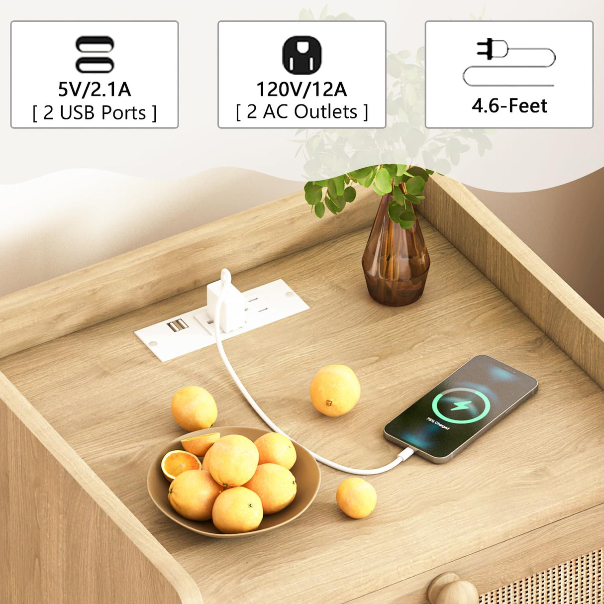 HUANLEGO Rattan Nightstand with Charging Station Set of 2, Rattan Boho End Table with 2 Drawers Bedroom Bedside Side Tables Natural Night Stand for Living Room,Bedroom,Dorm Room Essentials HUANLEGO