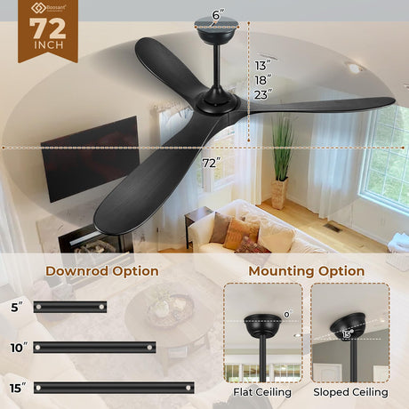 BOOSANT 72" Ceiling Fans with Lights and Remote Control, Outdoor Ceiling Fan with Lights High CFM Quiet 3 Blade Wood Walnut Ceiling Fan, Modern Propeller Ceiling Fan for Outdoor/Indoor,Matte Black BOOSANT
