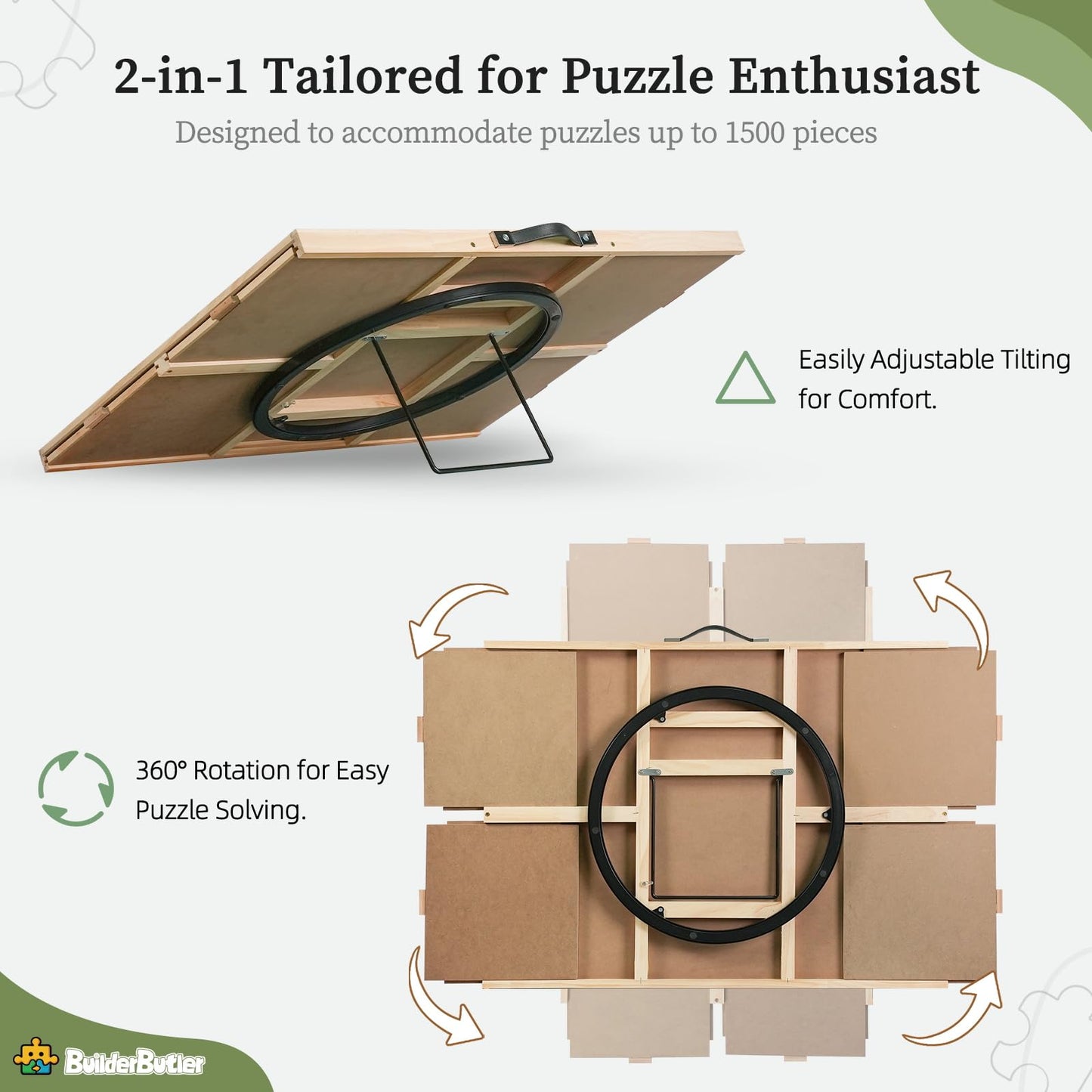 BuilderButler 2-in-1 Tilting & Rotating Puzzle Board for Puzzle Enthusiasts,Portable Puzzle Table with 4 Drawers Cover,35.2" x 26.2" for 1500 Pieces - WoodArtSupply