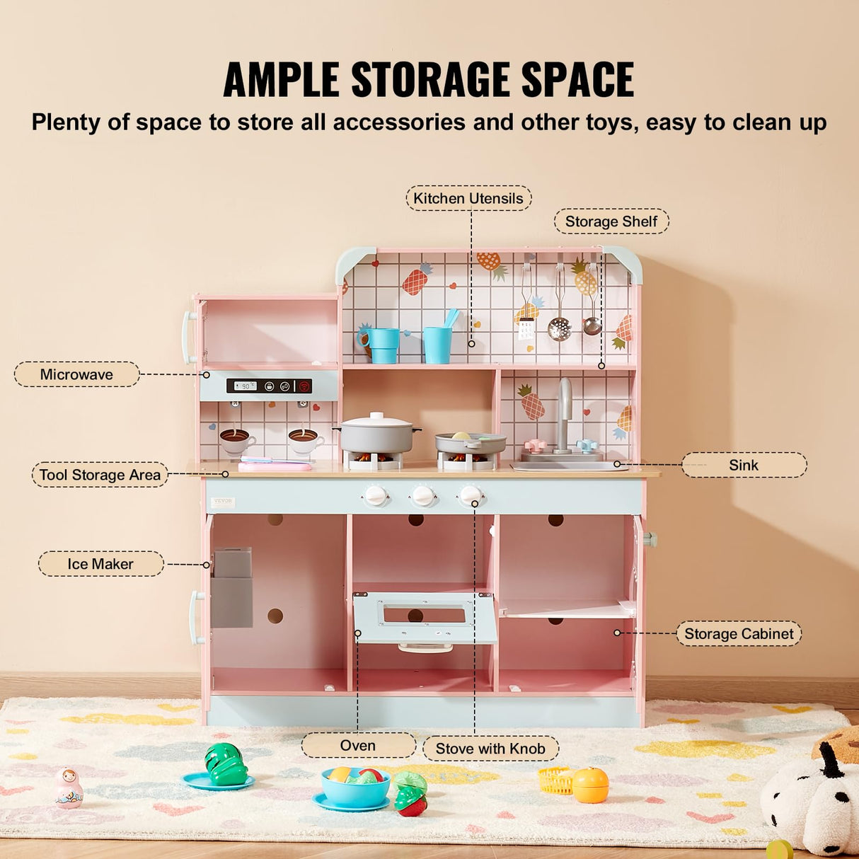 VEVOR Wooden Play Kitchen Toy, Play Kitchen for Kids with Lights and Sounds, Toddler Kitchen with Ice Maker, Oven, Sink, Microwaves, Fridge and Utensil and Fruit Accessory for Toddlers Ages 3-8, Pink VEVOR