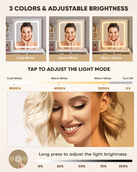 LIVELYGLOW Small Vanity Desk Set with Square Mirror and Light- Vanity Desk with Drawer- White LIVELYGLOW