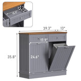 TOLEAD Double Tilt Out Trash Cabinet 20 Gallon,Antique-style Beadboard Trash Can Cabinet Kitchen with Solid Wood Tabletop & Drawer, Pet Proof Trash Can, Wood Laundry Cabinet (Grey) TOLEAD