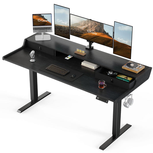 ErGear Electric Standing Desk with Drawers, 63″ x 28″ Gaming Desk with Monitor Stand, C-Clamp Mount Compatible, Home Office Height-Adjustable Desk with Storage Shelf, 4 Preset Heights, Black, - WoodArtSupply